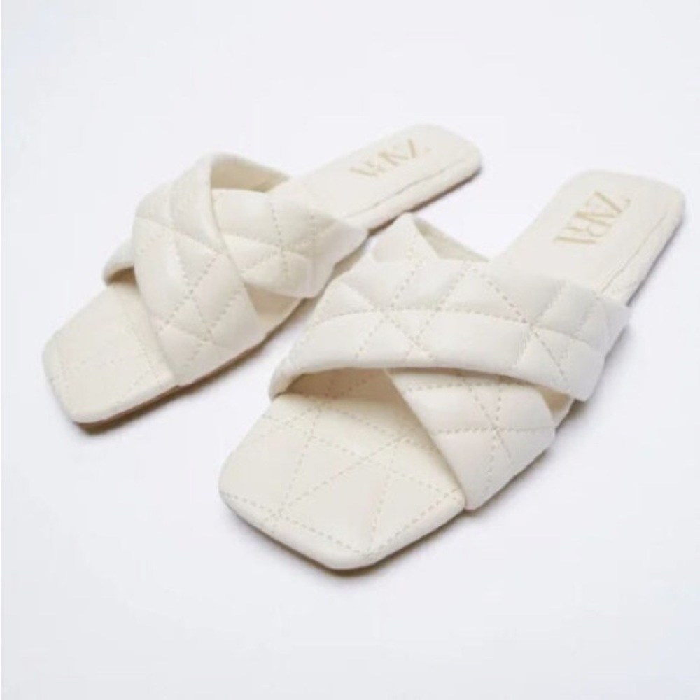 Zara Ecru Quilted Slide Sandals